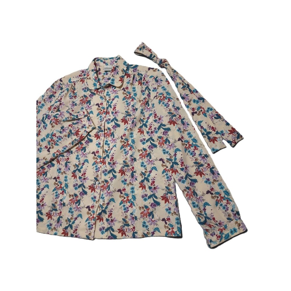Vtg 70s Pykettes Button Up Blouse Womens Size L Floral Cream Shirt With Neck Tie